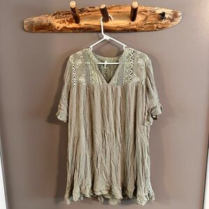 Sage Green, lace and crochet loose-fitting mini tunic dress - large